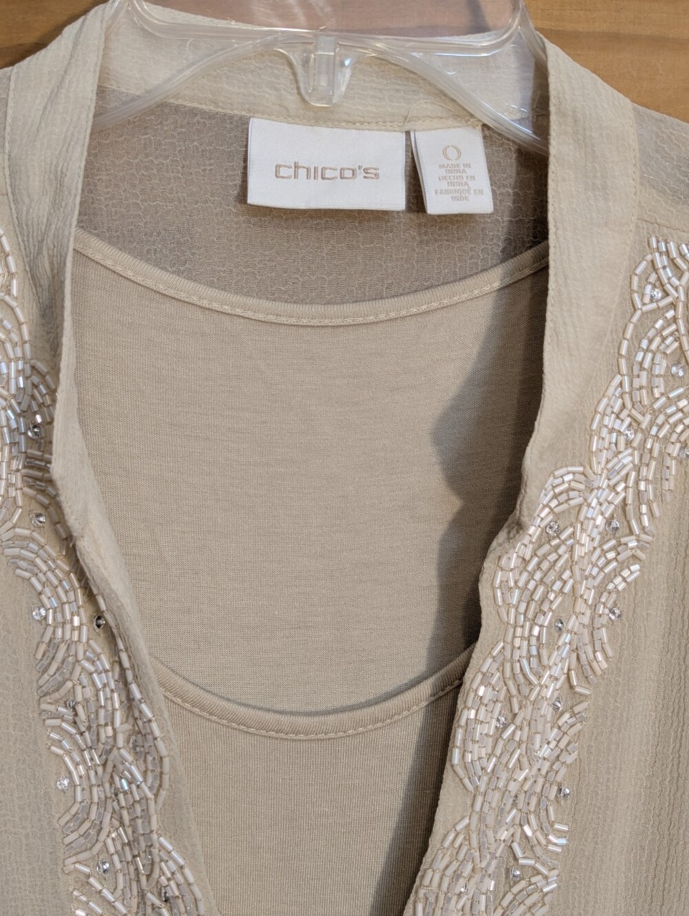 Chico's Drama Embellished Tunic Cashew Cream Beige LS Blouse Sz 0/Sm Boho Flowy - Picture 12 of 16